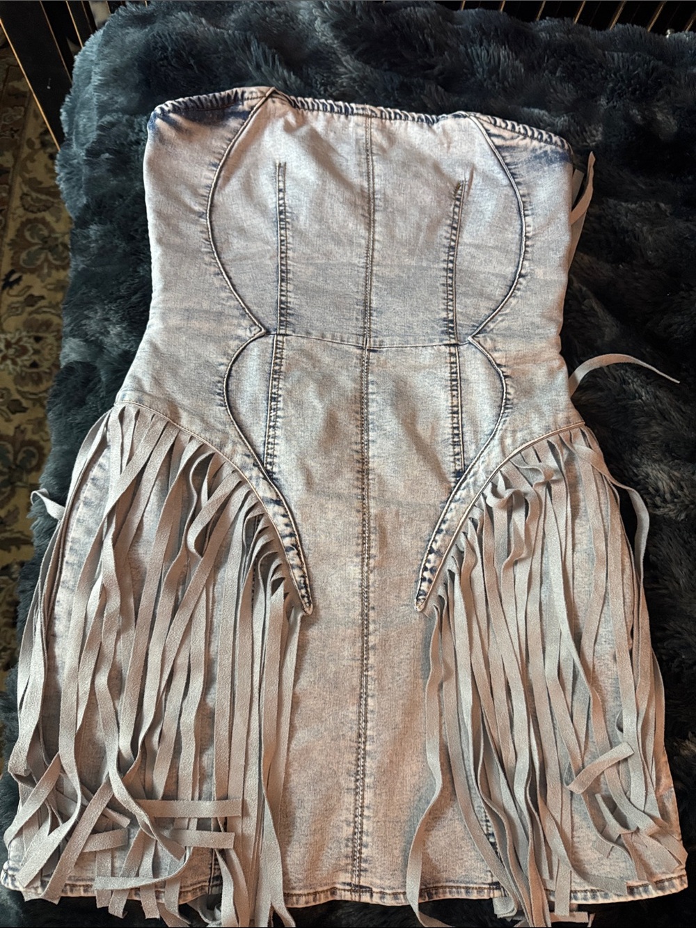 Fringed Light Denim Strapless Dress